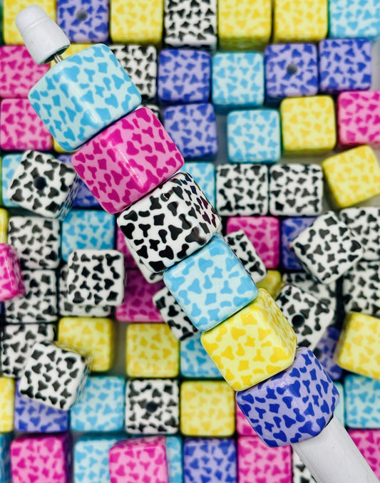 Moo Mood Cubes – Colorful Cow Print Cube Beads for Trendy DIY Projects