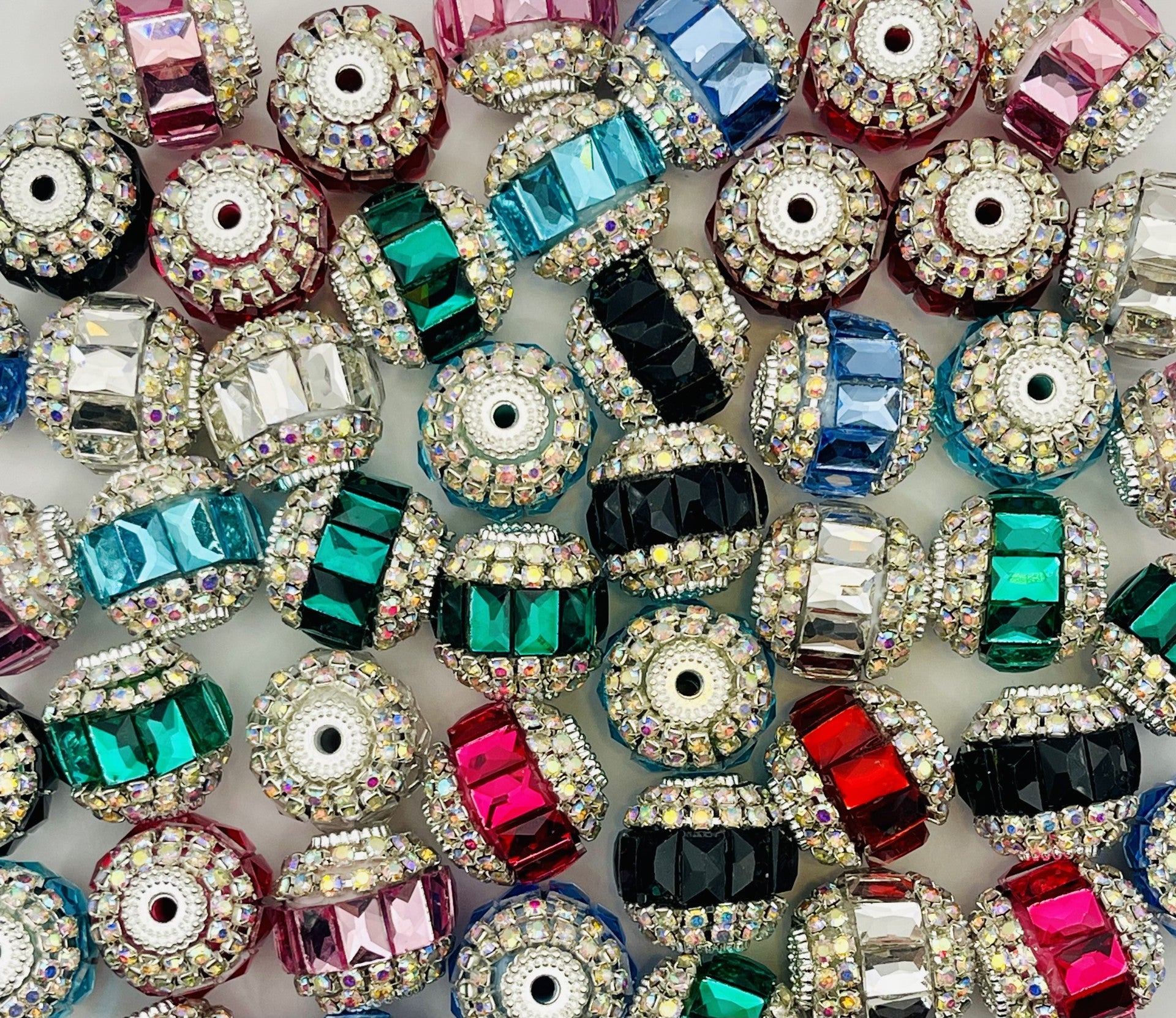 Rhinestone-Studded Fancy Beads – Multi-Color Barrel Beads with Crystal Accents