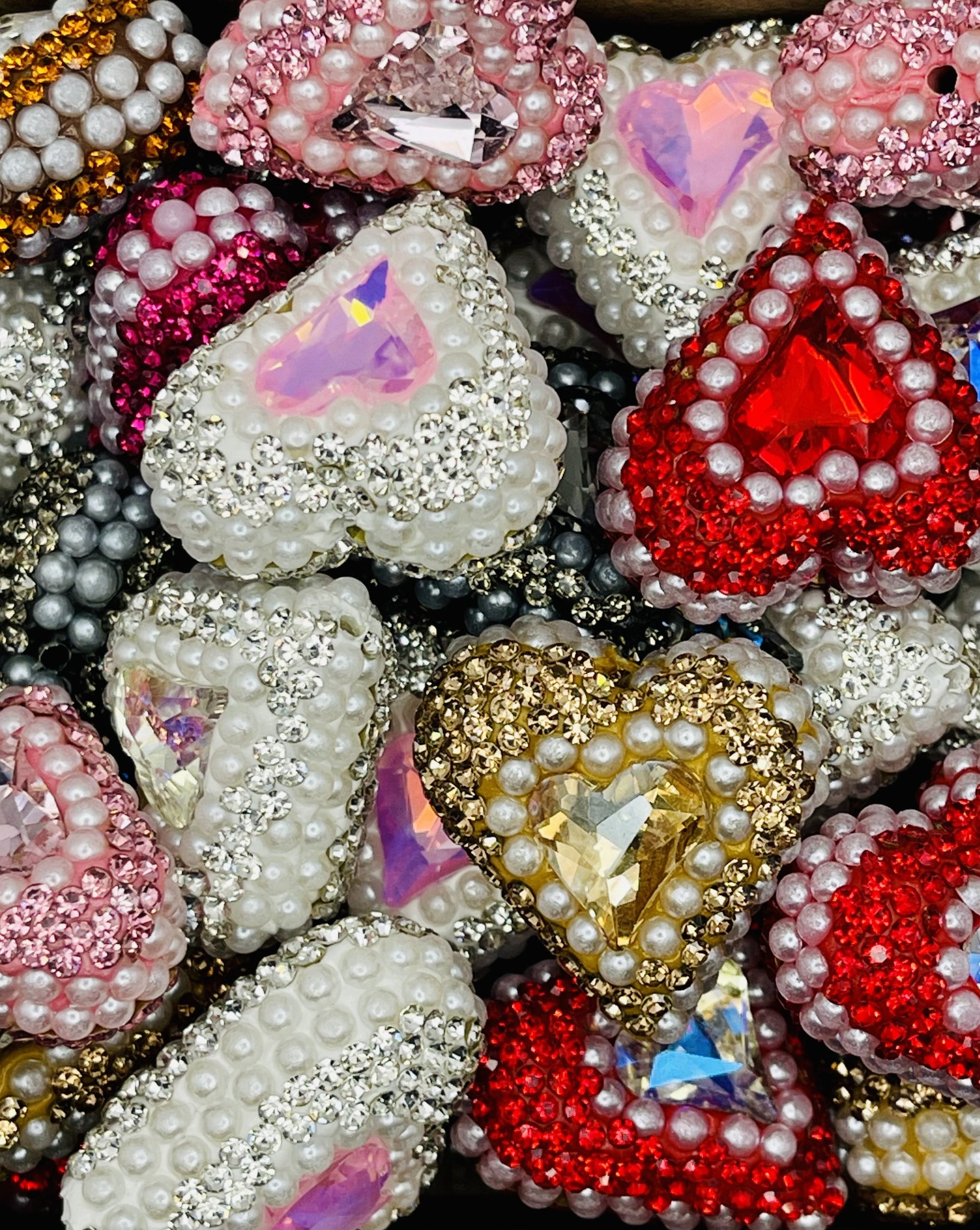 Rhinestone & Pearl Clay Heart Beads