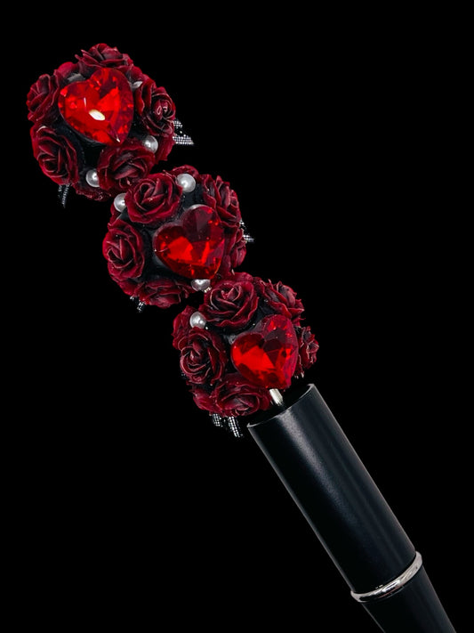 Elegant Red Rose and Black Ribbon Bead Collection: Gothic Floral Accents with Pearls & Gems.