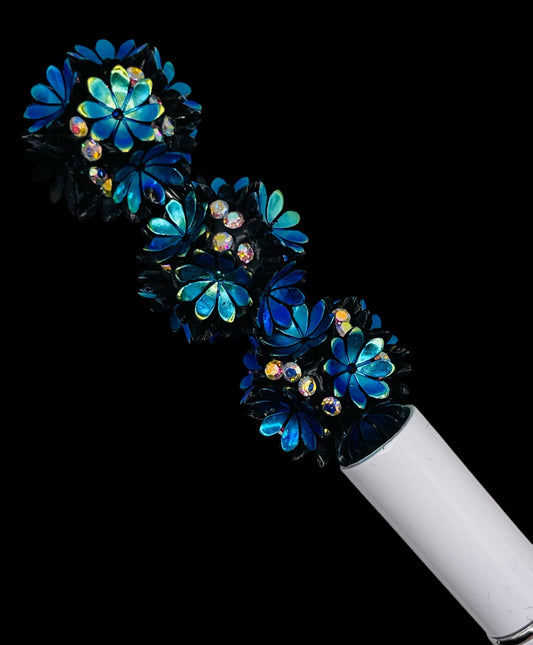 Iridescent Blue Floral Bead Collection: Black and Blue Blossoms with Crystal Accents.