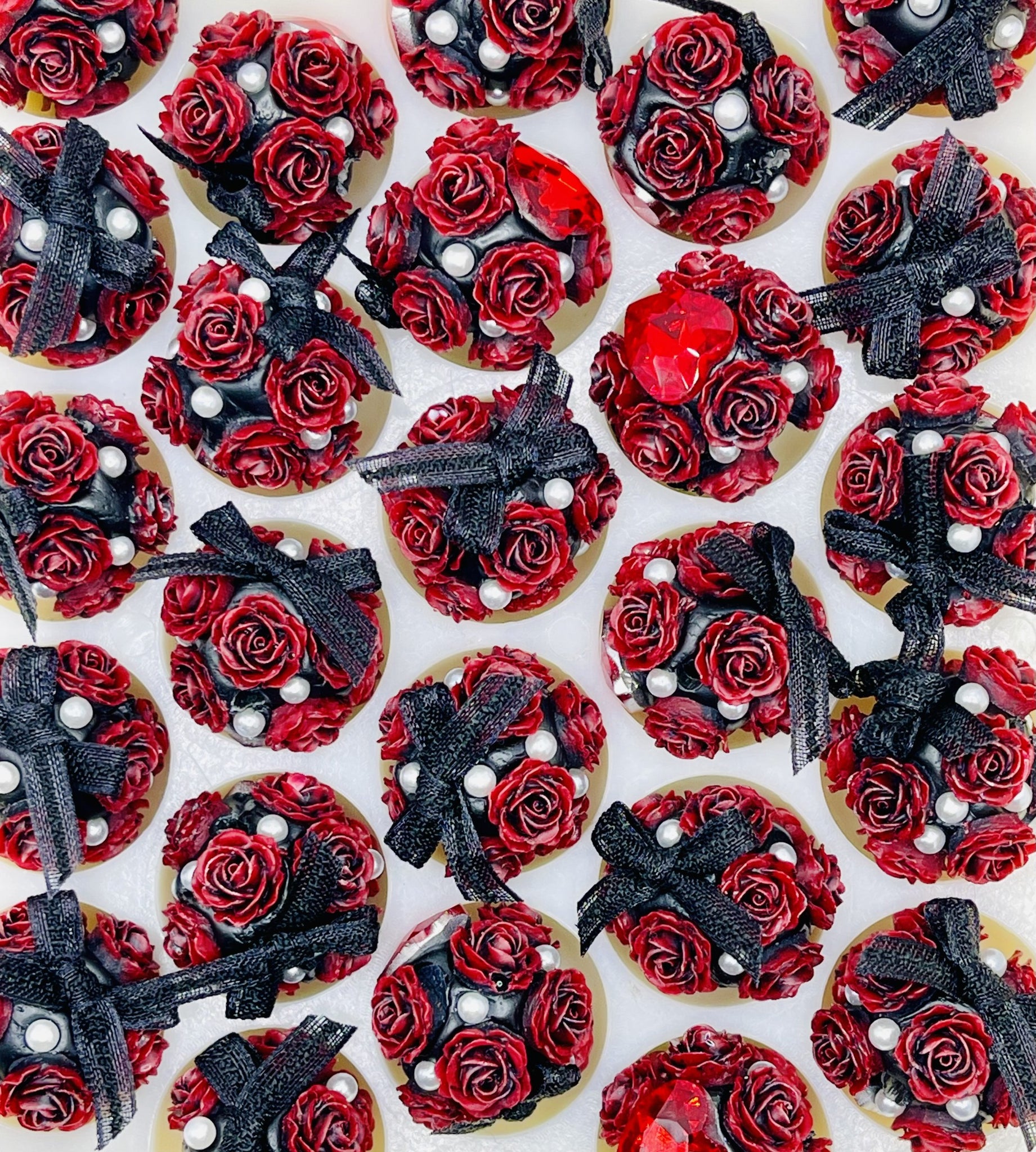 Elegant Red Rose and Black Ribbon Bead Collection: Gothic Floral Accents with Pearls & Gems.