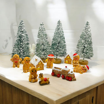 Gingerbread Christmas Village Set: Gingerbread Family, Train & Snowy Trees Holiday Scene