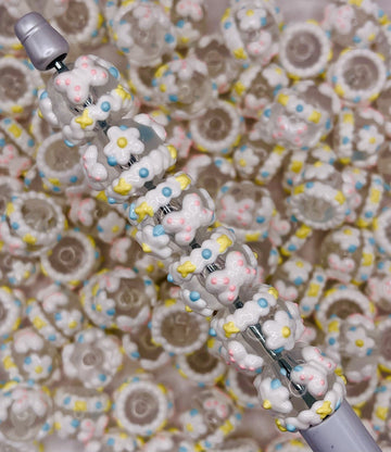 Hand-Painted Flower & Butterfly Beads – White Pastel