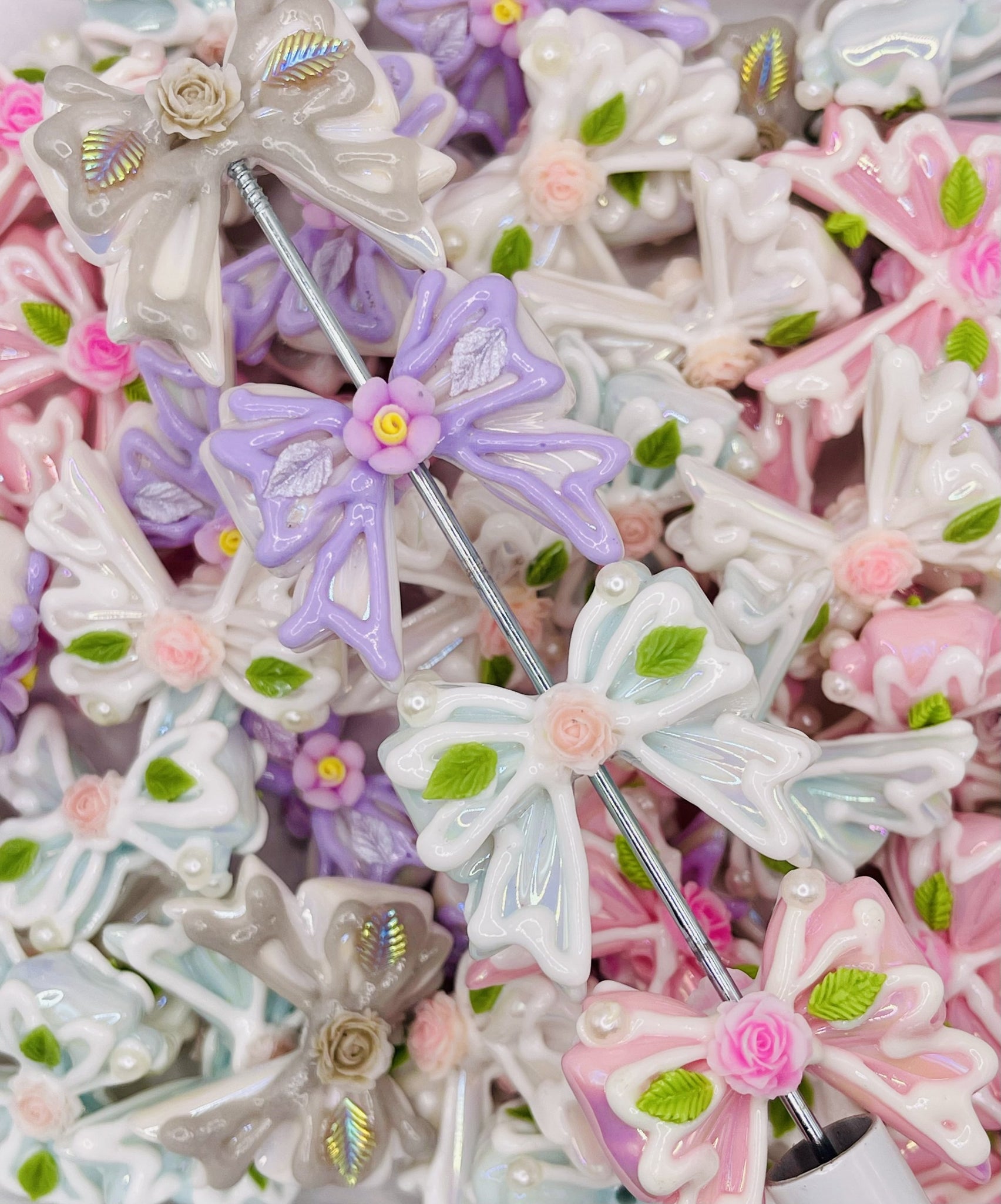 Hand-Painted Rose Bow Beads – Pastel Drip Mix