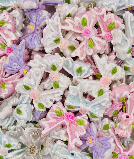 Hand-Painted Rose Bow Beads – Pastel Drip Mix