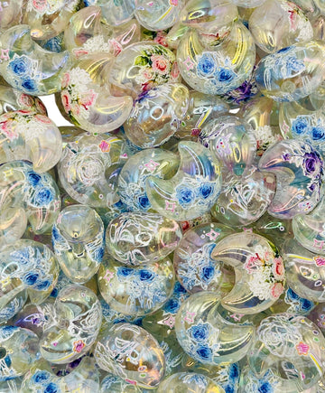 Hand-Painted Iridescent Moon & Floral Beads | Large Crescent Moon Acrylic Beads | Celestial DIY Beads for Pens, Keychains & Crafts