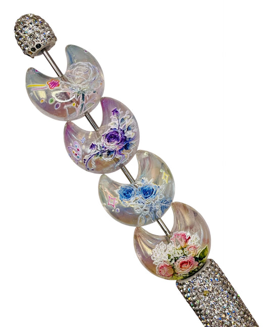 Hand-Painted Iridescent Moon & Floral Beads | Large Crescent Moon Acrylic Beads | Celestial DIY Beads for Pens, Keychains & Crafts