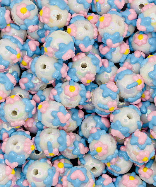 Pastel Floral Hand-Painted Bead Collection: Pink & Blue Accents for DIY Creations.