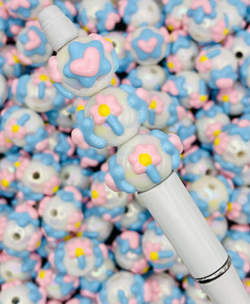 Pastel Floral Hand-Painted Bead Collection: Pink & Blue Accents for DIY Creations.