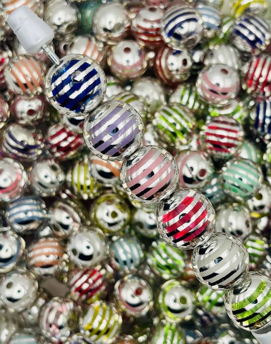 Silver Striped Bubblegum Beads