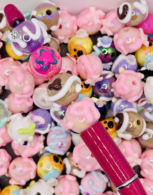 Hand-Painted Whimsical Bear & Blossom Bead Mix