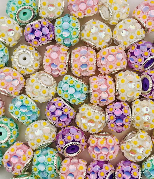 Floral Garden Beads – Pastel Barrel Beads with Daisies &   Iridescent Accents