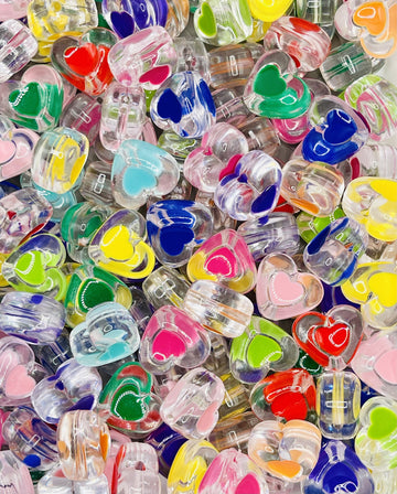 Colorful Heart-Center Bead Collection – Clear Acrylic Beads with Vibrant Heart Accents