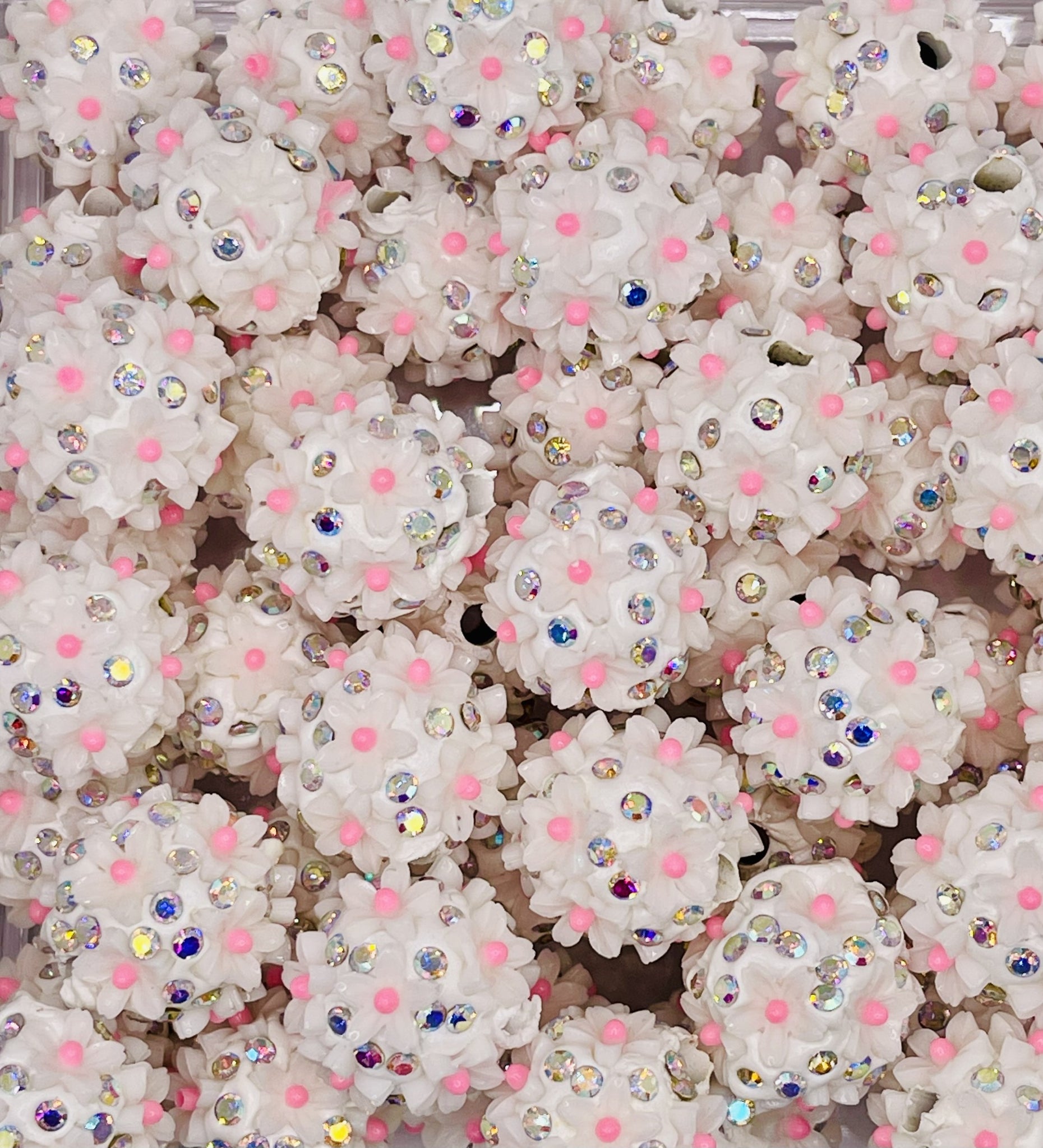 White Floral Rhinestone Beads with Pink Accents